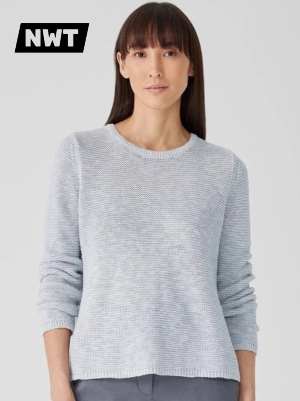 Eileen Fisher Light Blue Tencel Stretch Knit Long Sleeve Crochet Sweater XS